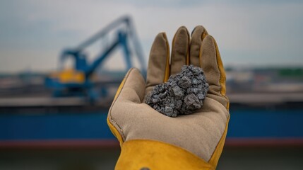 Gloved hand holds a clump of coal against a blurred industrial backdrop with a crane and ship during daytime