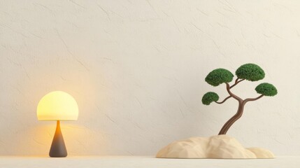 A serene interior scene featuring a stylish lamp and a decorative bonsai tree, showcasing modern design aesthetics.