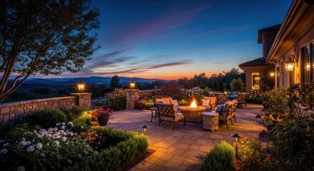 Outdoor patio at dusk, featuring a fire pit, seating, and lush landscaping