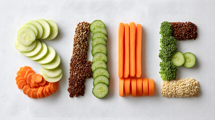 Minimalist food typography with superfoods spelling SALE, made of carrot slices, cucumber sticks, quinoa and chia, perfect for wellness blogs and healthy eating