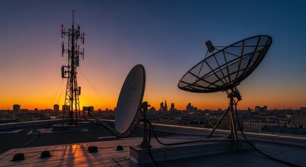 Rooftop communication infrastructure at sunrise