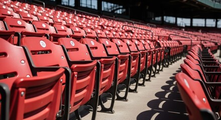 Naklejka premium Rows of red stadium seats. Empty, awaiting fans