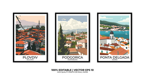 Set of 3 Vintage travel posters, Vintage travel illustrations, Vector colorful illustrations. Trendy printable wall art with beautiful landscapes.