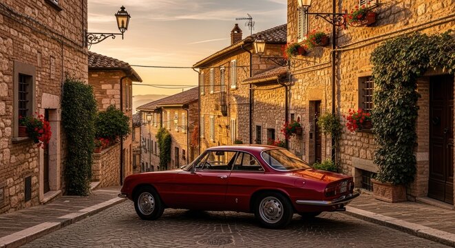 Fototapeta Red vintage car in a narrow Italian street at sunset