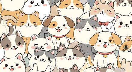 Adorable Cartoon Cats and Dogs Close Up