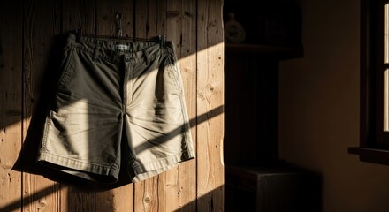 Shorts hanging on rustic wooden wall, sunlight casts shadows