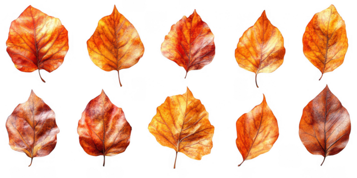 Collection of ten autumn leaves displaying vibrant orange and red hues isolated on transparent background