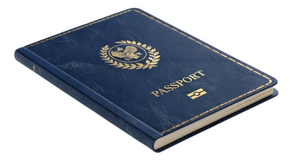 Closed blue passport book, top-down view, realistic texture