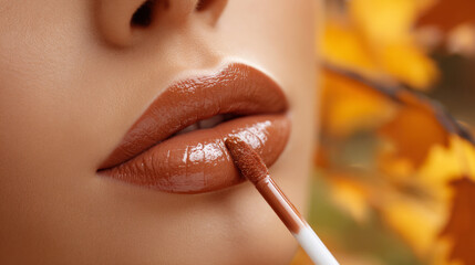 Glossy brown lipstick being applied on lips with autumn leaves blurred in background creating warm mood