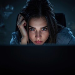 Young woman intently focused on her laptop screen late at night feeling tired and bored