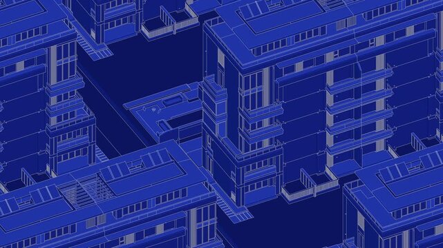 Animation of a Generic Apartment Building with solar panels on top, Seamless Looped Animation, 3D Blueprint Linework rendering