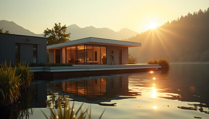 Modern lakeside house at sunrise offering serene architectural beauty and peaceful atmosphere