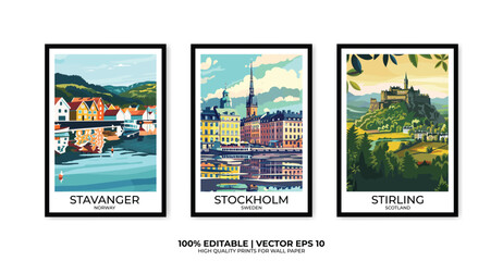 Set of 3 Vintage travel posters, Vintage travel illustrations, Vector colorful illustrations. Trendy printable wall art with beautiful landscapes.