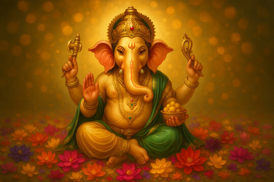 Hindu God Ganesha Surrounded by Vibrant Lotus Flowers