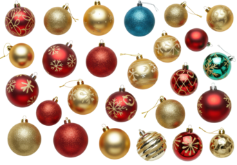 Assorted red and gold christmas ornaments with snowflake designs. Cut out PNG