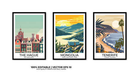 Set of 3 Vintage travel posters, Vintage travel illustrations, Vector colorful illustrations. Trendy printable wall art with beautiful landscapes.
