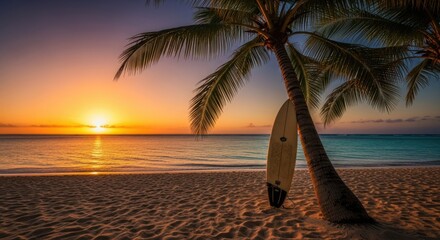 Sunset beach scene, surfboard leaning against palm tree
