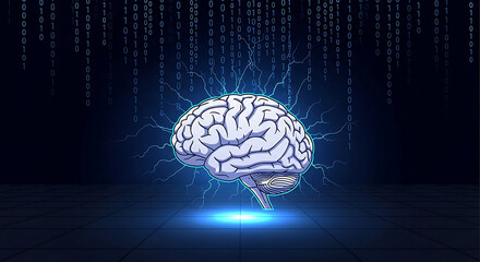 A vibrant brain glows with electric power and digital code, symbolizing the fusion of mind and machine.
