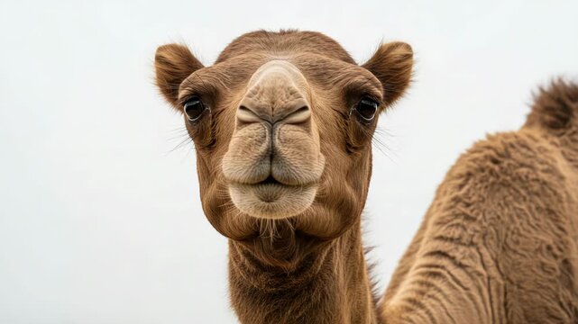 Closeup portrait of a camels head with a textured fur and distinctive hump, facing the camera in a natural setting