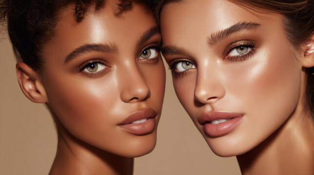 Glowing skin close up of two young women with natural makeup and shiny highlights showing beauty and confidence