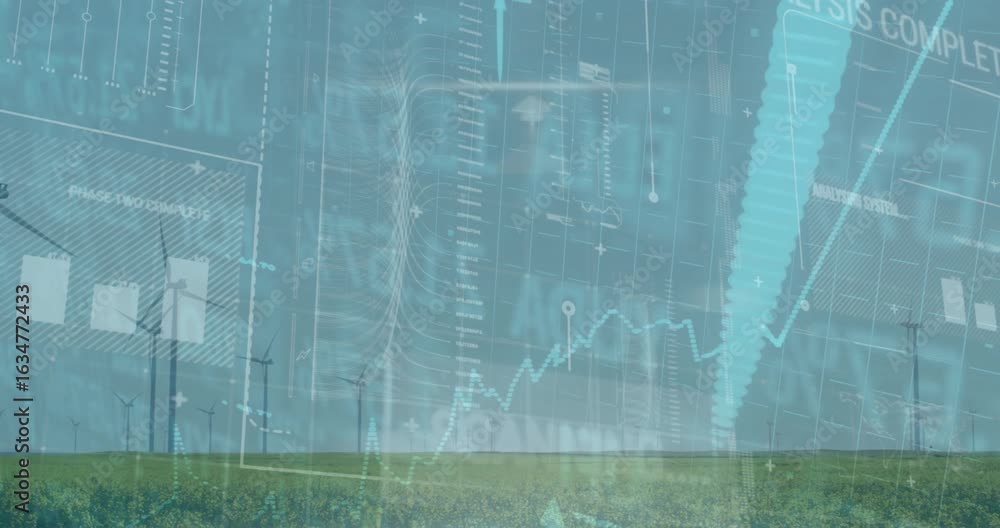 Poster line graph plotting data, bar chart forming, cyan arrow sweeping, overlay fading revealing turbines