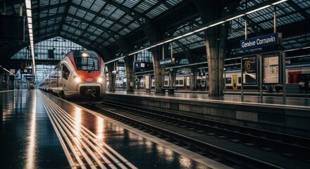 Train at a station, modern platform, urban scene