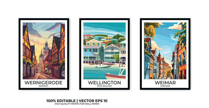 Set of 3 Vintage travel posters, Vintage travel illustrations, Vector colorful illustrations. Trendy printable wall art with beautiful landscapes.