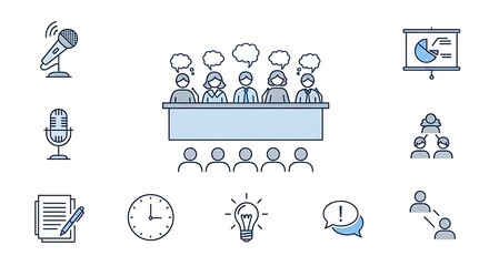 Business Meeting Icons Representing Ideas, Communication, Presentation, and Teamwork Concepts