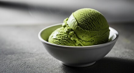 Two scoops of vibrant green matcha ice cream in a white bowl