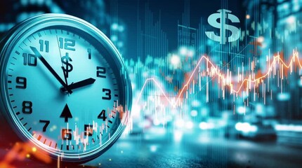 Time is Money: Clock with Dollar Sign and Stock Market Graph Overlaying a Cityscape, Representing Financial Growth and Investment Opportunities - Powered by Adobe