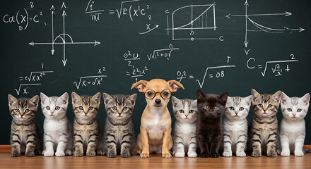 Whimsical animal humor of a smart dog "teacher" leading a class of diverse kittens on a wooden floor in front of a school chalkboard.