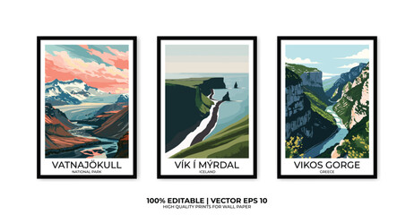 Set of 3 Vintage travel posters, Vintage travel illustrations, Vector colorful illustrations. Trendy printable wall art with beautiful landscapes.