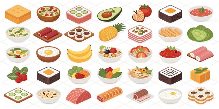 

Cartoon vector icons of a set of fruits and vegetables, fast food, and meal items for restaurant menu design
