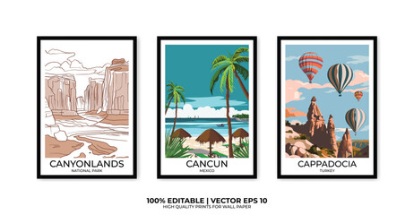 Set of 3 Vintage travel posters, Vintage travel illustrations, Vector colorful illustrations. Trendy printable wall art with beautiful landscapes.