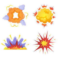 Colorful cartoon explosion and bomb blast effects vector set