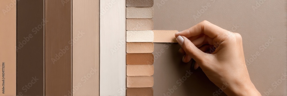 Poster hand selecting skin tone from a diverse chart against a neutral background to assist in color matchi
