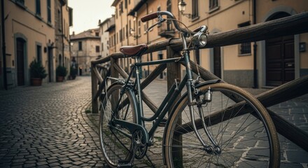 Obraz premium Vintage bicycle parked on cobblestone street