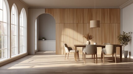 Fototapeta premium Modern dining room interior with wooden paneling walls and large arched windows natural light