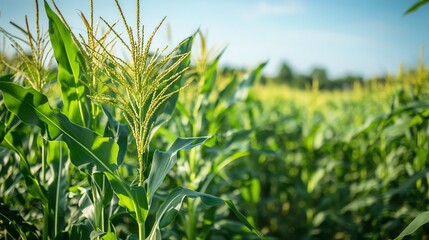 Naklejka premium Vibrant cornfield under a clear blue sky.
