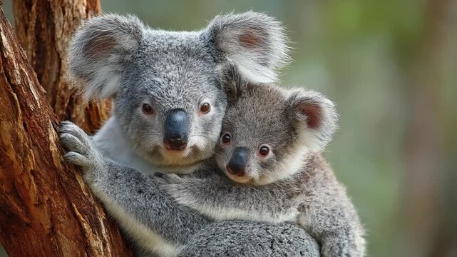 Close-up of two koalas cuddling on a tree
