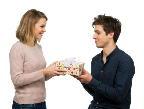 Caucasian young couple exchanging gift with smiles. Cut out PNG