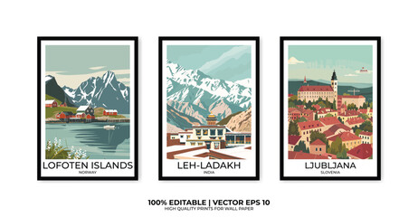 Set of 3 Vintage travel posters, Vintage travel illustrations, Vector colorful illustrations. Trendy printable wall art with beautiful landscapes.