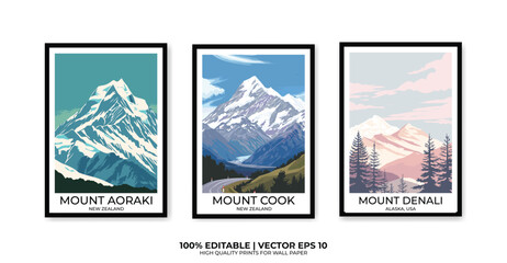 Set of 3 Vintage travel posters, Vintage travel illustrations, Vector colorful illustrations. Trendy printable wall art with beautiful landscapes.