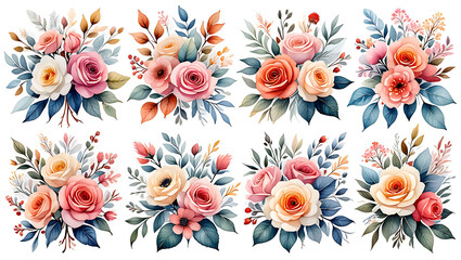 Elegant Watercolor Rose Bouquets on White Background for Invitations and Decorative Design Elements
