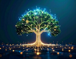 Glowing tree-like structure with illuminated circuit pathways