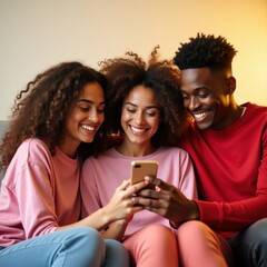 Three friends sitting on a couch laughing while looking at a smartphone together