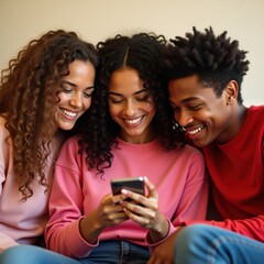 Three young diverse friends smiling and looking at a smartphone together happily sharing content online
