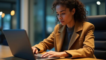 Focused professional woman working diligently on a laptop in a modern office environment