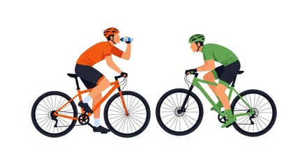 Fototapeta premium Flat illustration of two cyclists in colorful jerseys and helmets ride their bicycles, one drinking water