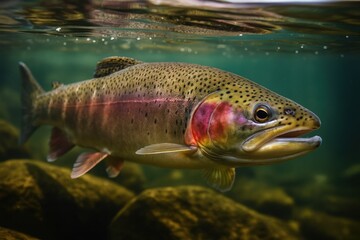 Fototapeta premium Rainbow trout swimming under crystal‑clear water 